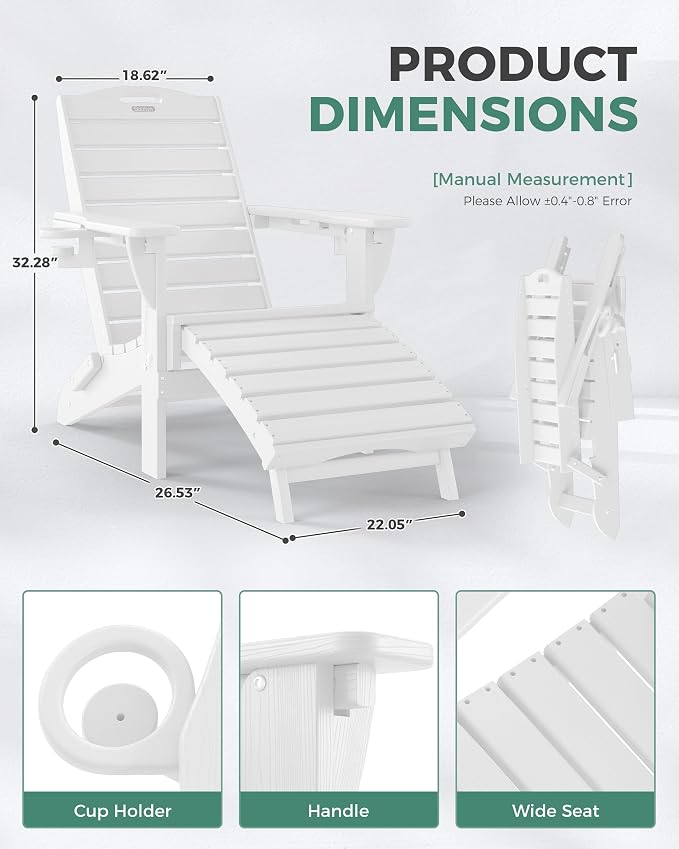 Adjustable Adirondack Chairs Set of 4 with Retractable Ottoman, HDPE Folding Adirondack Chair with Cup Holders, Weather Resistant for Backyard, Poolside & Fire Pit (White)