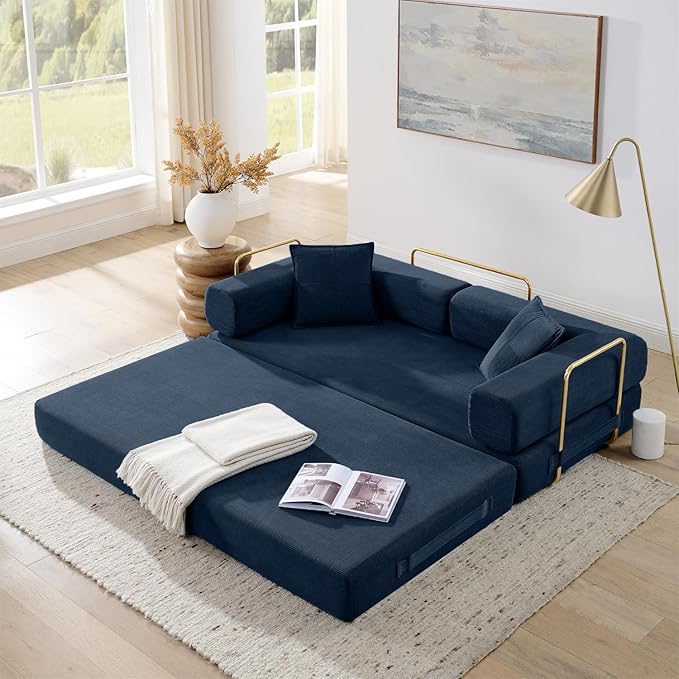 78 Inch Convertible Sleeper Sofa Bed, Folding Floor Mattress Couch with Fixed-Shape Frame, Futon Boneless Couch Lounge Loveseat with Pull Out Bed, No Assembly Required (Blue, 78" Loveseat Sofa Bed)
