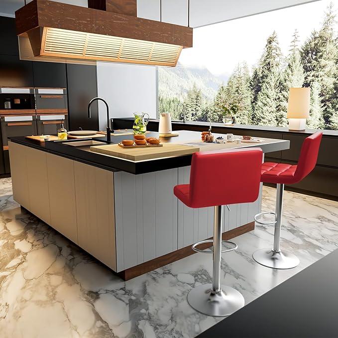 Homall Bar Stools Modern PU Leather Adjustable Swivel Barstools, Armless Hydraulic Kitchen Counter Bar Stool Extra Height Square Island Barstool with Back Set of 2 (Leather, Red)