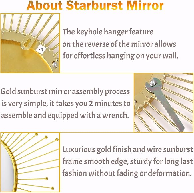 Large Gold Sunburst Mirror - 31" Starburst Wall Mirror with 12" Round Glass, Mid-Century Modern Elegant Gold Sun Mirrors for Living Room, Bedroom, Entryway Decor