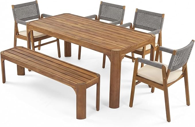 Christopher Knight Home 6-Piece Outdoor Acacia Wood Patio Dining Set, 70" Rectangular Table with 4 Rope Armchairs 1 Bench, Teak Finish Vietnamese Acacia Wood Garden Dining Furniture Set for Patio Deck