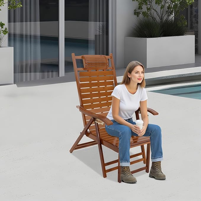 Bamboo Folding Lounge Chair with Footrest & 5-Position Adjustable Backrest, 440lbs Capacity Indoor Outdoor Recliner for Patio, Garden, Balcony, Camping