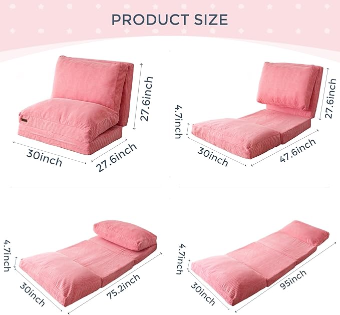 MAXYOYO Folding Sofa Bed, Extra Thick and Long Floor Sofa Convertible Sleeper Chair with Washable Cover, Floor Couch Lounge Bean Bag Bed for Living Room, Pink, 30x95 Inch