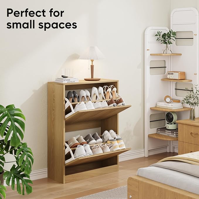 Shoe Storage Cabinet with Vertical Groove Doors 2 Flip Drawers, Narrow Shoe Cabinet Storage for Entryway, Freestanding Shoe Organizer Cabinet, Slim Shoe Rack Cabinet (Natural Oak Grain)