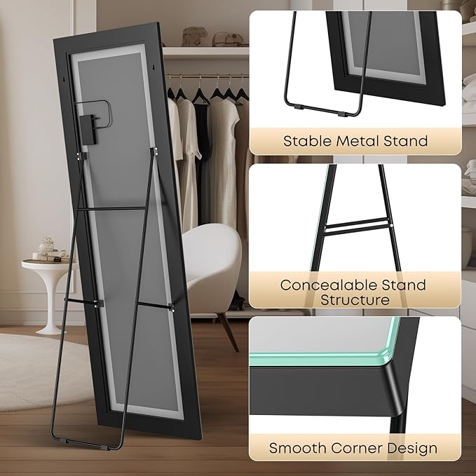 Kosmonia 59x16 Frameless Full Length Mirror, Dimmable 3 Color LED Light w/Memory Function, Distortion Free, HD Reflection & Anti Desilvering, Tempered Glass, Easy Setup w/Stand, Wall/Standing