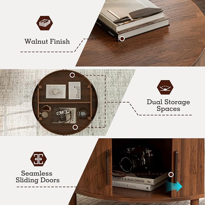 ZttRiee Coffee Table for Living Room, Modern Round Coffee Table with Cabinets & Sliding Doors, Home Small Space, 29.9" Fluted Center Table, Walnut