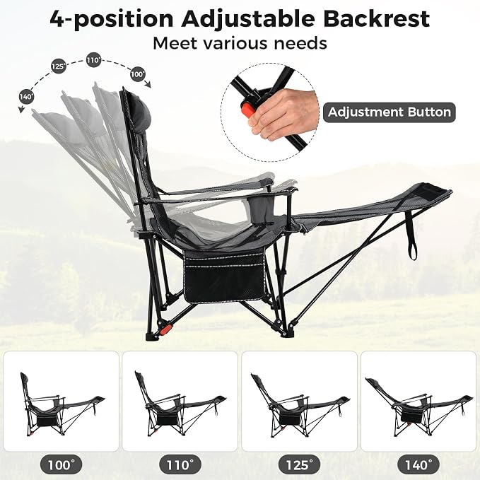 Goplus Camping Lounge Chair w/Detachable Footrest, Folding Beach Chair w/4-position Backrest, Carrying Bag, Removable Pillow, Cup Holder, Storage Pouch, Reclining Chair, 330LBS Capacity (Grey,1)