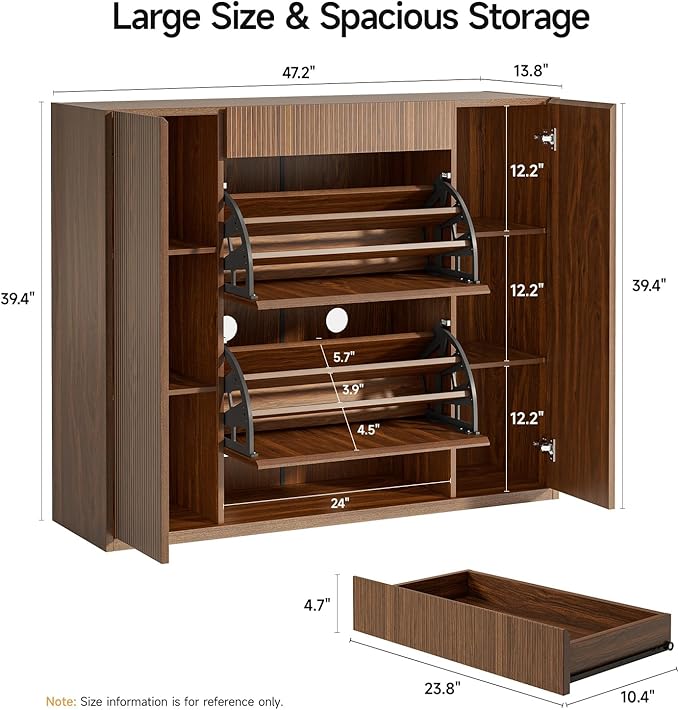ONBRILL Large Shoe Cabinet with 2 Flip Drawers (3-Tier Each), 27-35 Pairs Shoe Organizer with Storage Drawer, 2 Doors & Open Shelf, 47.2'' Wide Shoe Storage Cabinet for Entryway Hallway (Walnut)