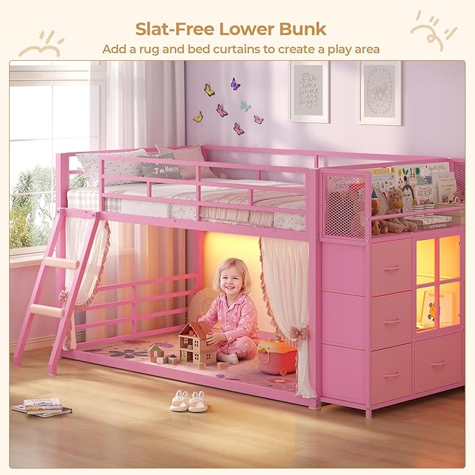 BTHFST Low Bunk Bed Twin Over Twin with 7 Large Fabric Drawers & Bookshelf, Metal Bunk Bed with RGB LED Lights & Slanted Ladder & Safety Guardrail, Space-Saving Kids Low Loft Bed Twin, Pink