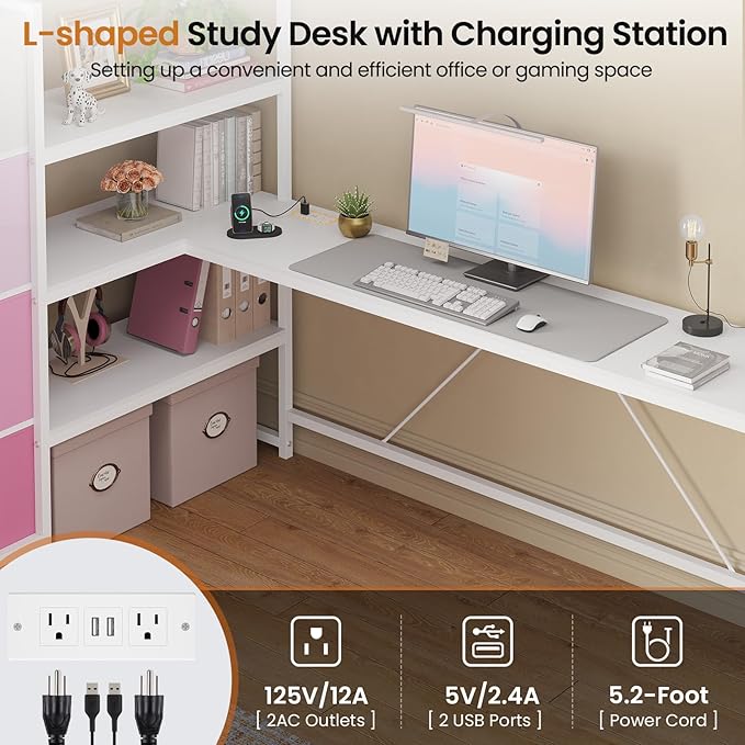 DICTAC Loft Bed Twin Size with Storage Stairs,Desk and Power Strips,Metal Twin Loft Bed with LED Lights,8 Storage Drawers &Open Shelves,Loft Beds for Kids,Teens,Adults with Safety Guardrail,White+Pink