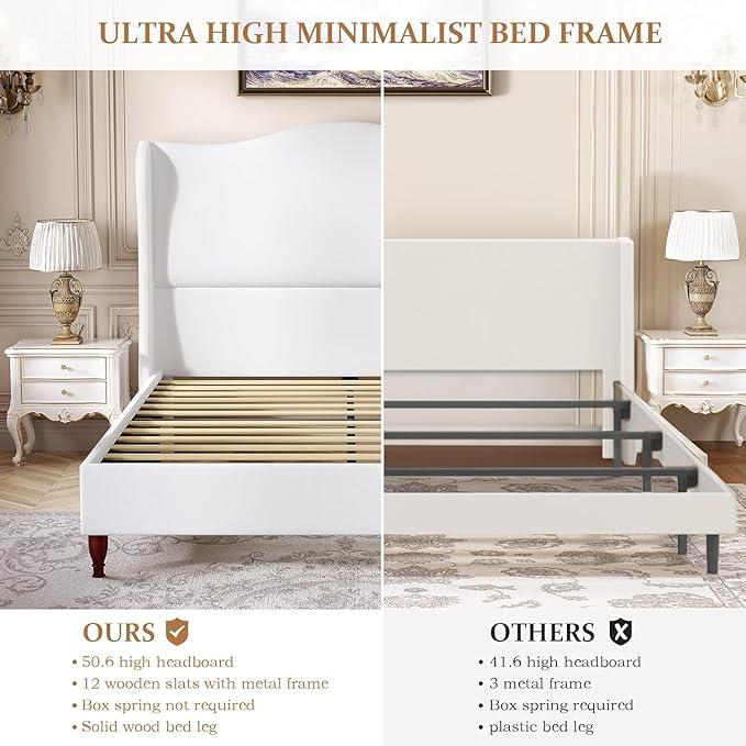 koorlian Full Size Bed Frame with 51" Tall Headboard, Fully Upholstered Platform Bed Frame with with Soft Fabric, Sleigh Wingback, Solid Wood Retro Legs, Modern Minimalist Style, Easy Assembly, White