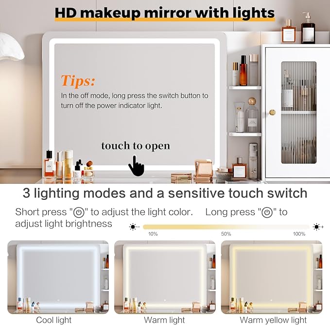 Arulvmrn Vanity Desk with 29.53" HD Lighted Mirror, 47.24" Big Modern Vanity Desk with Mirror and Lights, Makeup Vanity with 5 Drawers and Storage Shelves and Charging Station, White