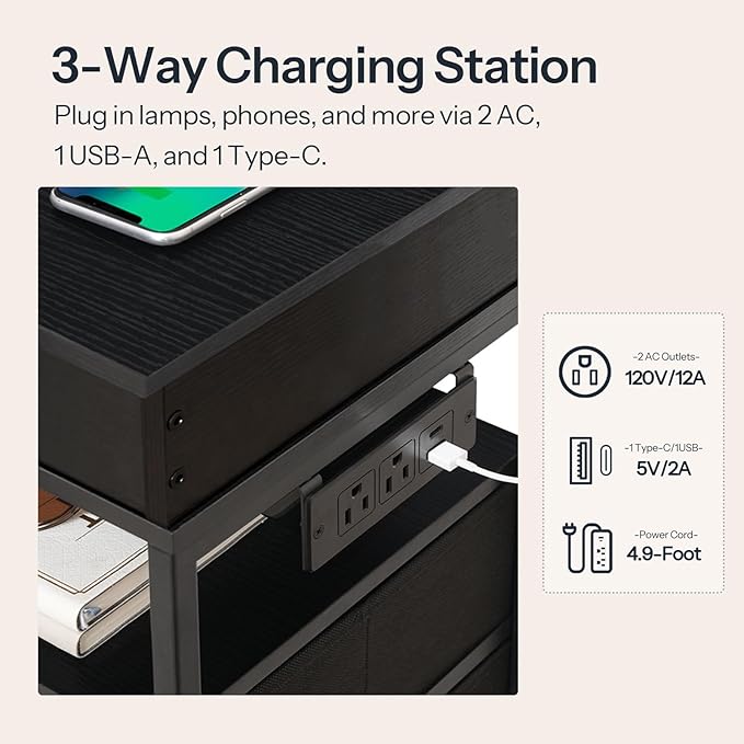 HOOBRO Nightstand with Charging Station, Bedside Table with Fabric Drawers, End Table with Lockable Hidden Compartment, 2 AC Outlets, 1 USB-A, 1 Type-C, for Bedroom, Black BB143UBZ01