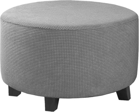 Stretch Ottoman Slipcover – Round Furniture Protector Fits 20"-23" Dia, for Footrests, Storage Ottomans & Folding Stools – Elastic Fabric Cover (Light Grey, Medium)