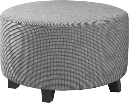 Stretch Ottoman Slipcover – Round Furniture Protector Fits 30"-41" Dia, for Footrests, Storage Ottomans & Folding Stools – Elastic Fabric Cover (Light Grey, X-Large)