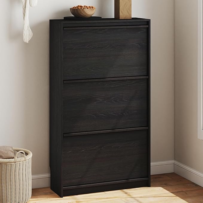 Shoe Cabinet with 3 Flip Drawers, 23.62" W Narrow Shoe Storage Cabinet for Entryway, Slim Shoe Organizer with Adjustable Shelves, Freestanding Shoe Rack for Hallway, Living Room, Black