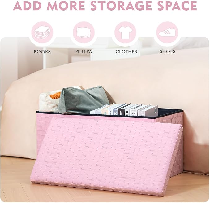 B FSOBEIIALEO Folding Storage Ottoman, Faux Leather Footrest Seat Long Shoes Bench Box Chest, Pink 30"x15"x15"