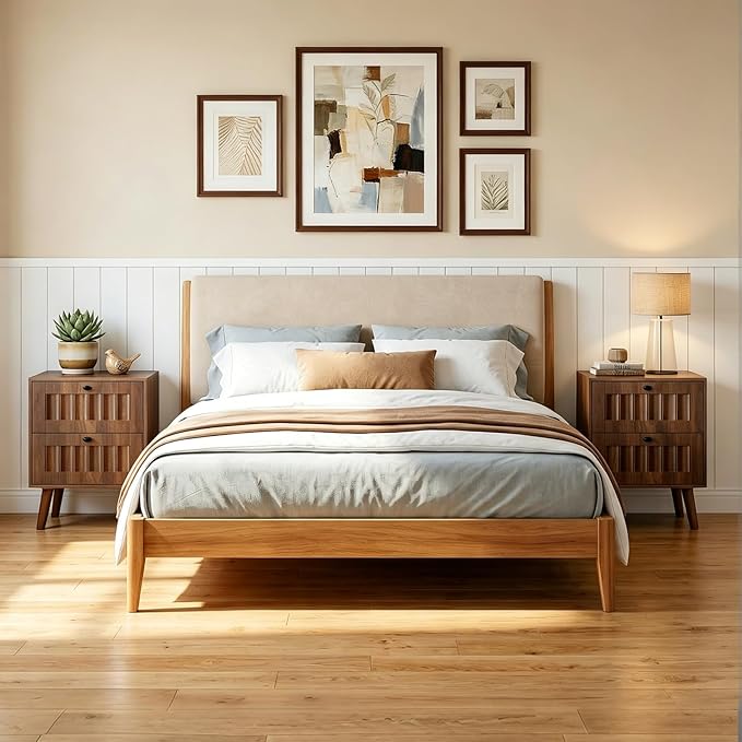 Kiasthome Mid-Century Wood Nightstand with 2 Drawers, Fluted Front Bedside Table, Functional End Table for Bedroom & Living Room (Vintage Walnut (2-Pack))