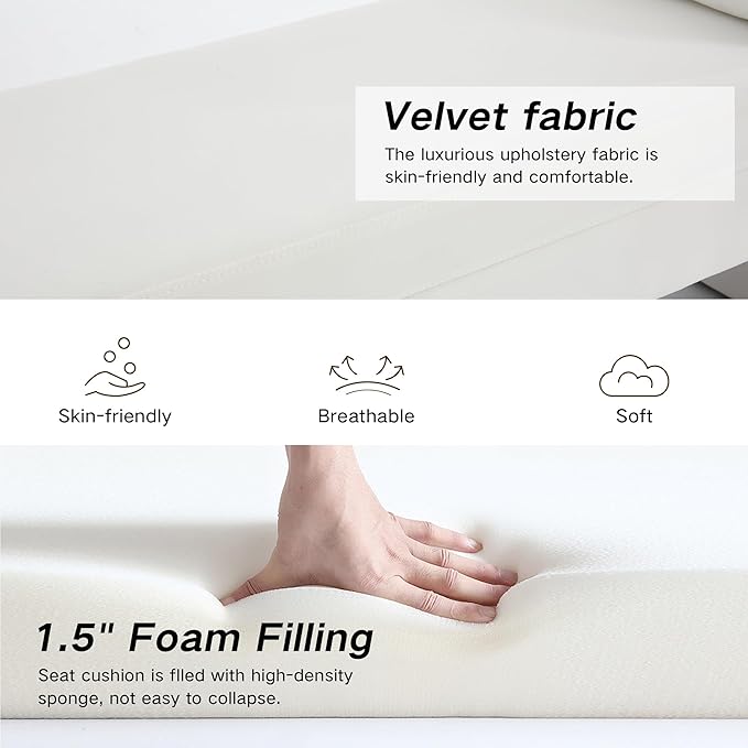 Modern Bench for Bedroom End of Bed, 60.5" Velvet Upholstered Rolled Armed Stool Bench, Ottoman Long Bench with 2 Pillows for Entryway/Bedroom/Hall/Living Room (White-60.5 Inch)