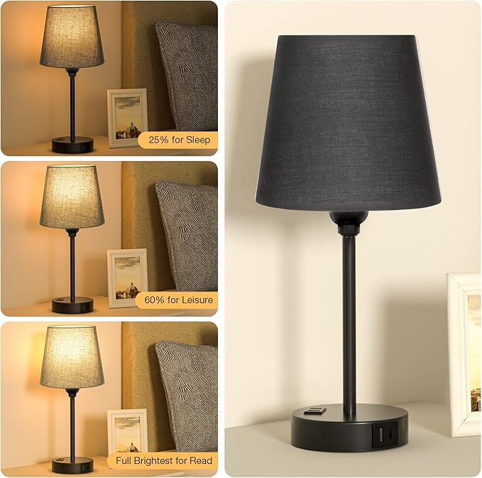 Black Lamp for bedrooms Set of 2 - Nightstand Bedroom Lamp with USB C Port and AC Outlet Charging, 3 Way Dimmable Touch Control Bed Side Table Lamp, Small Night Stand Light for Men/Kids