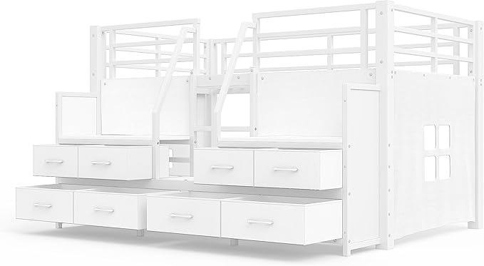 Bellemave Twin Size Loft Bed with 8 Non-Woven Fabric Storage Drawers and Bookshelf, Low Loft Bed with Lights and Private Play Curtain, Twin Loft Beds with High Rails, Noise Reduced White