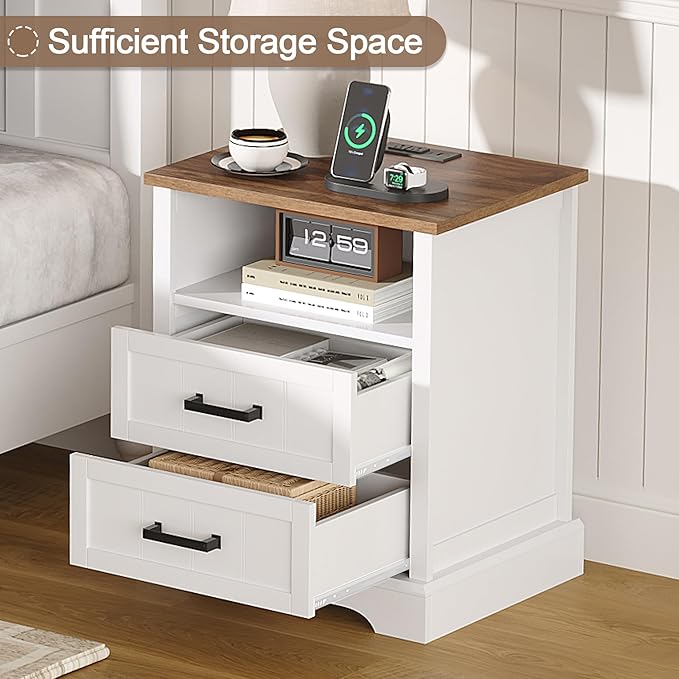 ChooChoo Farmhouse Night Stands with Charging Station, Wood Nightstand Set of 2 with 2 Drawers, Bedside Table with Open Storage Shelf for Bedroom, White