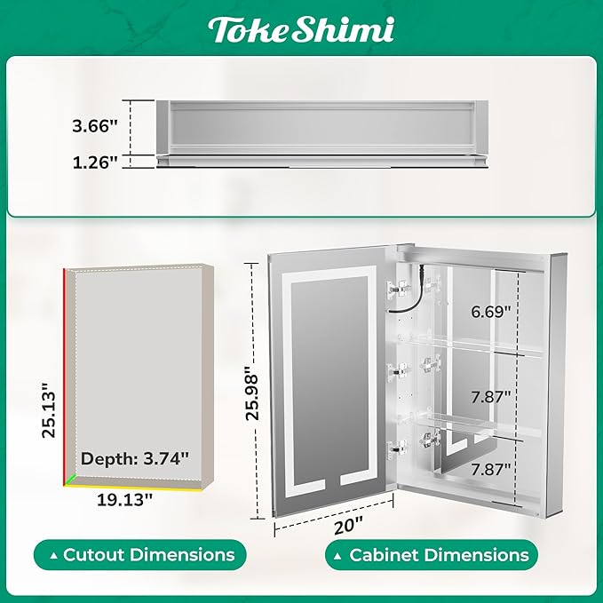 TokeShimi 20x26 Lighted Medicine Cabinet Mirrored 3 Color Dimmable, Led Medicine Cabinet Mirror with Lights and Outlet, 2-Side Led Bathroom Mirror with Storage, Anti-Fog, Recessed/Wall-Mount