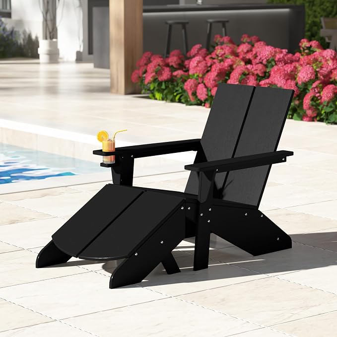 Costaelm Seaview Modern HDPE Plastic Folding Patio Adirondack Ottoman, Black