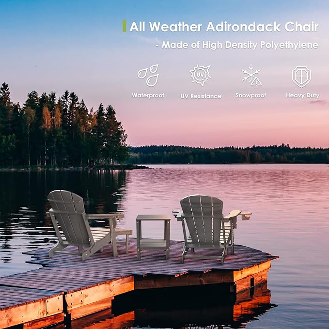 GREENVINES Adirondack-Chairs-with-Ottoman | Set of 4 | Folding | Retractable-Footrest | HDPE Plastic | All Weather Fire Pit Chair | Cup Holders | Grey | for Outdoor Poolside