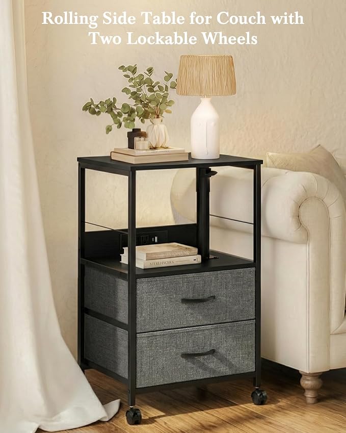 Faesun Swivel Lift Top Nightstand with Charging Station, Rolling Side Table for Recliner, Bedside Table with Wheels & 2 Fabric Drawers, for Small Spaces, for Bedroom, Living Room, Black Gray