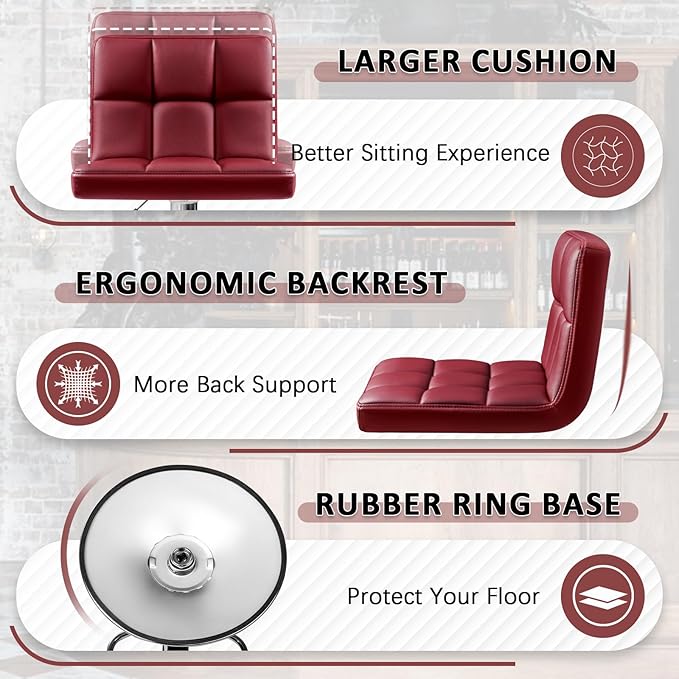 Homall Bar Stools Modern PU Leather Adjustable Swivel Barstools, Armless Hydraulic Kitchen Counter Bar Stool Extra Height Square Island Barstool with Back Set of 2 (Wine Red)