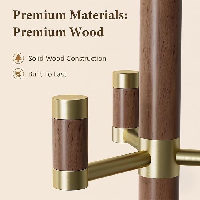 Solid Wood Freestanding Coat Rack with 6 Gold Metal Hooks, Heavy-Duty Freestanding Coat Stand for Coats, Hats, and Bags, Coat Racks for Bedroom, Entryway, and Living Room (Walnut)