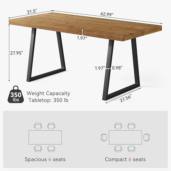63" Industrial Dining Table for 4-6 People, Solid Wood Rectangular Kitchen Table with Heavy-Duty Metal Legs for Home, Dining Room, Small Space, Rustic Brown
