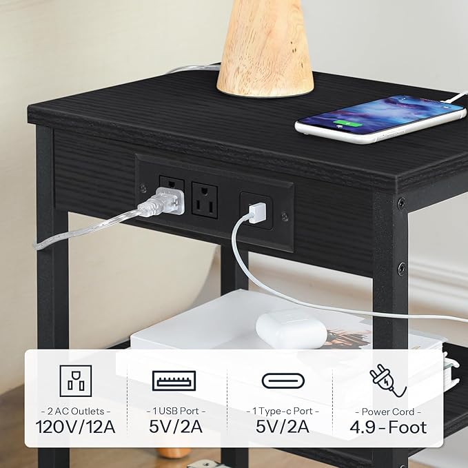 HOOBRO Side Table with Charging Station and USB Port, Small End Table for Small Space, 3-Tier Nightstand with Adjustable Shelf, for Living Room, Bedroom, Black BB112BZ01