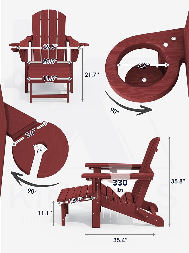KINGYES Folding Adjustable Adirondack Chair with Ottoman & 2 Cup Holders Set of 2, HDPE Recliner Adirondack Chair with Footrest, Red