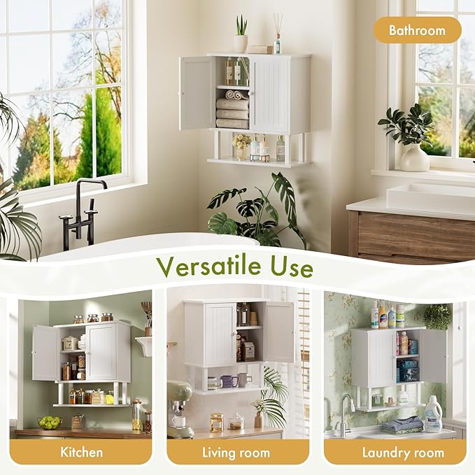 AmazerBath Bathroom Wall Cabinets, Bamboo Over The Toilet Storage Cabinet with Adjustable Shelves, Large Wall Mounted Medicine Cabinets with 2 Doors for Small Spaces, White, 9" D x 21.3" W x 23.8" H