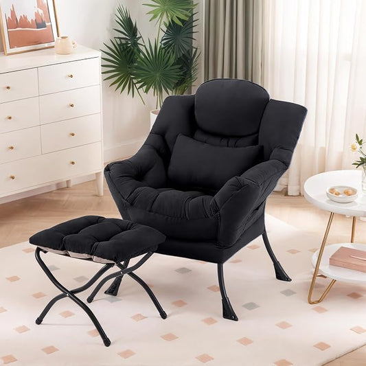 Furlide Lazy Chair with Ottoman, Comfy Fabric Accent Lounge Arm Chair with Lumbar Pillow and Folding Footrest, Reading Leisure Sofa Chair for Bedroom, Living Room, Dorm,Black