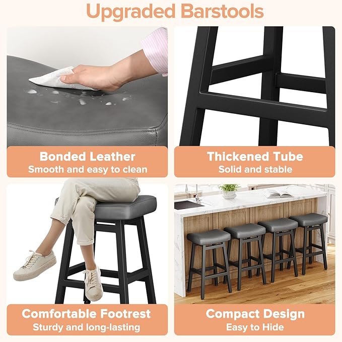 Raynesys 29 Inches Bar Stools Set of 2, Bar Height Barstools for Home Counter, Blackless Barstool with Bonded Leather Saddle Seats & Heavy Duty Metal Legs, Easy Assembly, Gray/Black