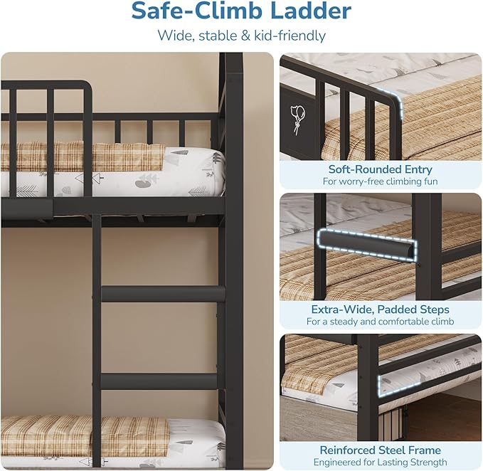Twin Bunk Bed for Kids with 6 Storage Drawers, Montessori Bookshelf, House Shaped Bed with Globe String Lights and USB Ports, Metal Low Bunk Bed Twin Over Twin with Safety Guardrail and Ladder, Black