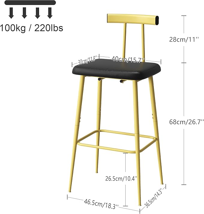 Bar Stools Set of 2, Tall Bar Stools with Backrest and Footrest, Counter Height Bar Chairs, Industrial Barstools with PU Leather Cushion, for Kitchen, Dining Room, Bar, Cafe (Gold) KBS515GC