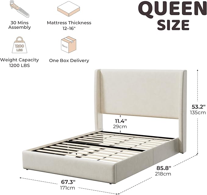 RECCI Queen Bed Frame with 53'' Extra Tall Wingback Headboard, Low Profile Grounded Upholstered Platform Bed Frame, Squeak-Free, Easy Assembly, No Box Spring Needed, Beige