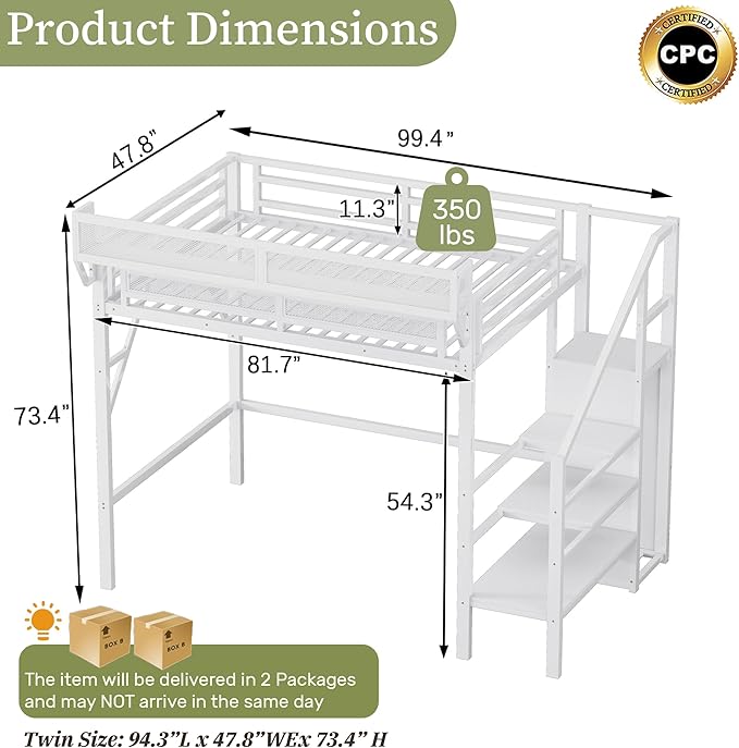 Twin XL Size Loft Bed with Stairs and Storage, Metal Loft Bed Frame with A Shelf and Large Under-Bed Space, Heavy-Duty Loft Beds for Kids Boys Girls Teens Bedroom Dorm, Convertible Staircase, White