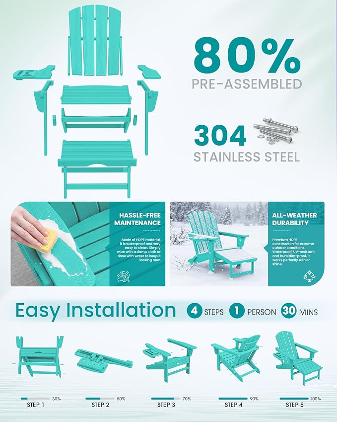 SERWALL Folding Adjustable Adirondack Chairs with Footrest Set of 2, HDPE Outdoor Chair with 4-in-1 Cup Holders, All Weather Adirondack Chair with Ottoman, Aruba