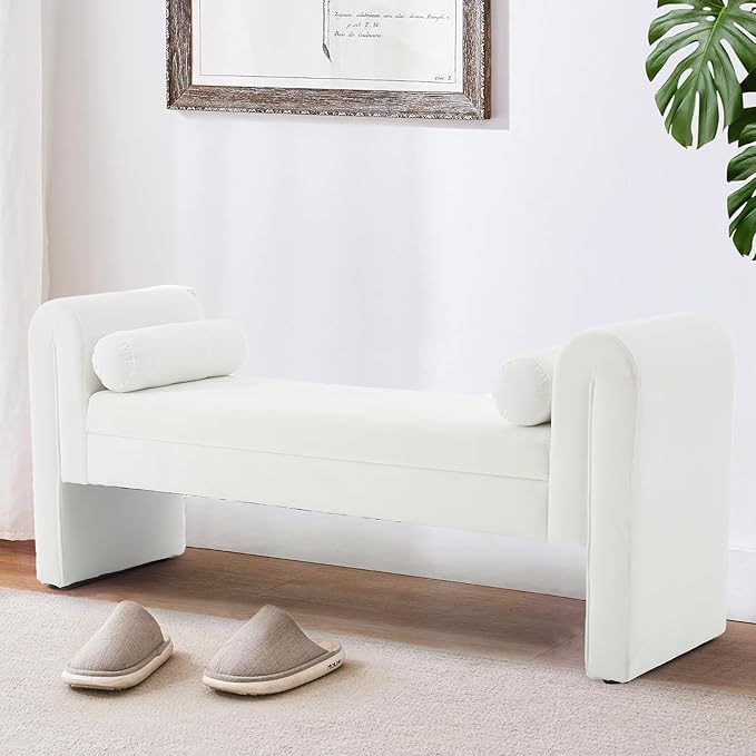 Modern Bench for Bedroom End of Bed, 60.5" Velvet Upholstered Rolled Armed Stool Bench, Ottoman Long Bench with 2 Pillows for Entryway/Bedroom/Hall/Living Room (White-60.5 Inch)