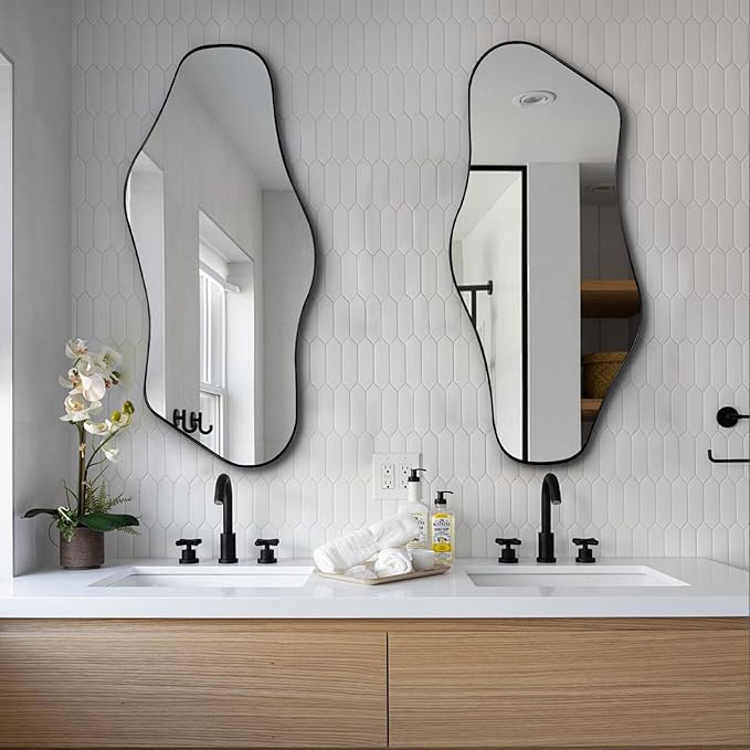 Irregular Wall Mirror, 40"x18" Asymmetrical Aesthetic Mirror with Metal Frame, Modern Organic Shaped Mirrors for Living Room Bedroom Hallway Entryway, Hangs Vertically or Horizontally