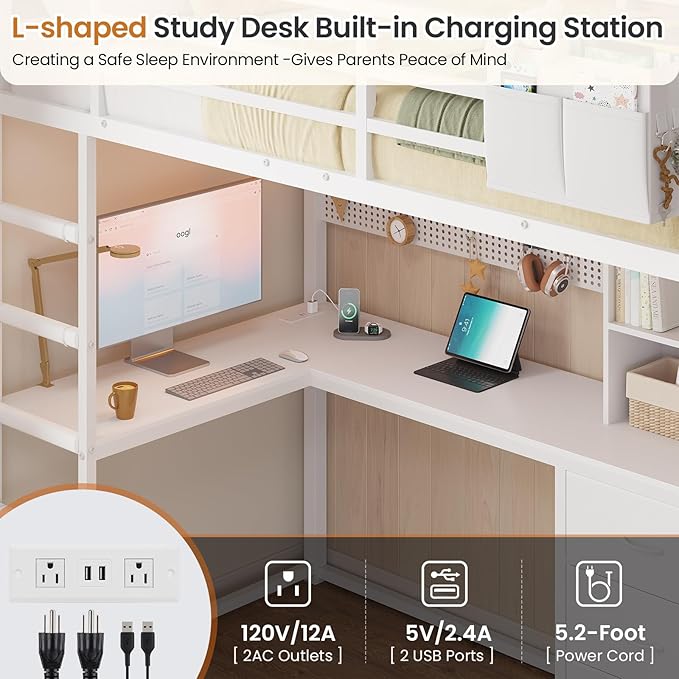DICTAC Full Loft Bed with L-Shaped Desk,Bookshelf and Charging Station Metal Loft Bed Full Size with 6 Storage Drawers,Open Shelves and Hutch,Teens loft beds with Led Lights and Safety Guardrail,White