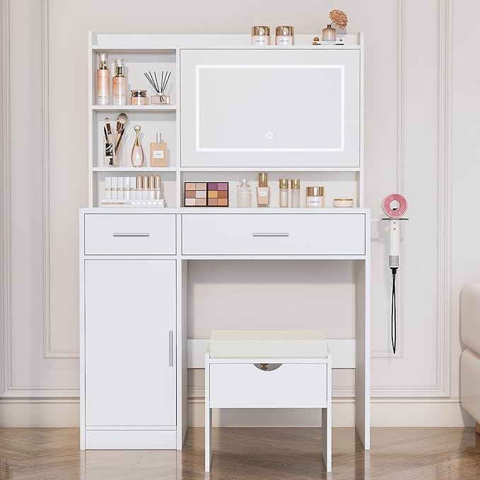 Viaozutis Vanity Desk with Mirror and Lights, with Hidden Shelves,4 Compartments,2 Drawers,Cabinet & Stool,Dimmable LED Lights,Power Outlets, Ideal for Bedroom Vanity Organization(White)