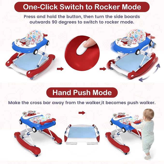 Baby Walker, 5-in-1 Baby Walker for Boys and Girls with Bouncer, Removable Footrest, Music, Foldable & Adjustable Speed Wheels Activity Walker for 6-18 Months Toddler Infant(Red Blue)