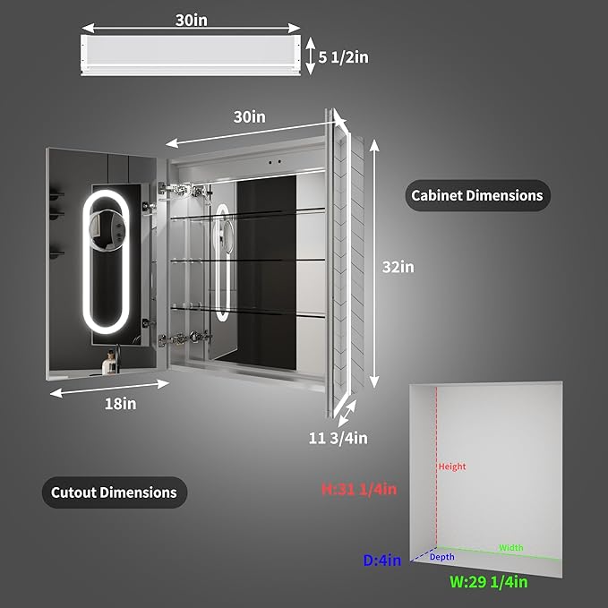 ExBrite 30 x 32 Lighted Medicine Cabinet with Mirror, Front&Backlit led Medicine Cabinet,Defog,5X Magnifier,3 Colors Temper Dimmable,Surface or Recessed Mount,Door Wide Open