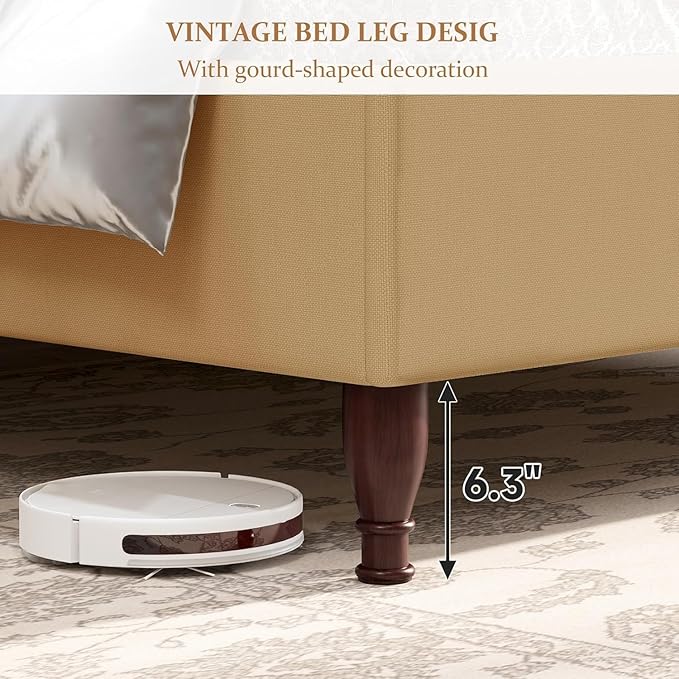 koorlian Queen Size Bed Frame Upholstered Platform Bed with 51'' Tall Fabric Headboard and Wooden Slats Support, Retro Minimalist Style/Fully Upholstered/Easy Assembly, Warm Brown